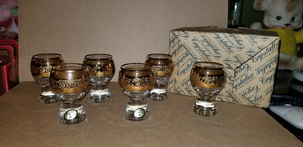 Bohemia Crystalex Czech Republic Set 6 Ornate Raised Gold Design Jessie Brandy