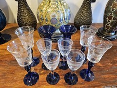 Depression Glass Cobalt Blue Cordial Glasses And Candle Holders Art Deco