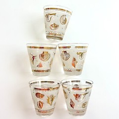 Vintage Helen Luger Coastal 5 Frosted Lowball Seashell 22k Gold Accent Barware