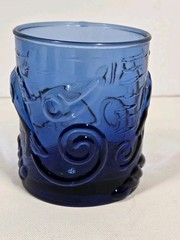 Dusky Blue Low Ball Tumbler Glass Embossed Shells Fish Starfish Ocean Life 4″