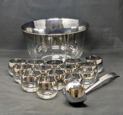 Vintage Silver Fade Lusterware Punch Bowl MCM 14 Glasses & Ladle