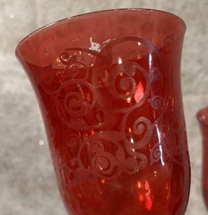 2 Ruby Red Flash Painted, Scroll Design Print, Crystal Detail Stem Wine Glasses