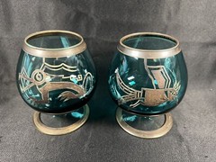 VTG SET 2 BOHEMIAN SILVER OVERLAY SMOKY GREEN BRANDY COGNAC SNIFTERS BIRD WOLF