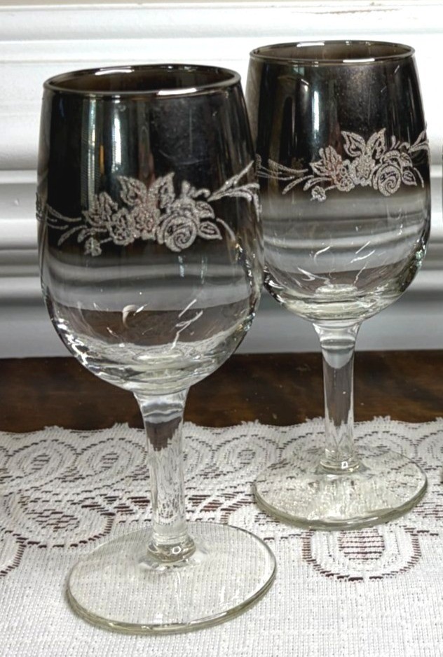 Vintage, Queens Lusterware,Silver Fade, Ombre, Smoked, Etched Wine, Spirit Glass