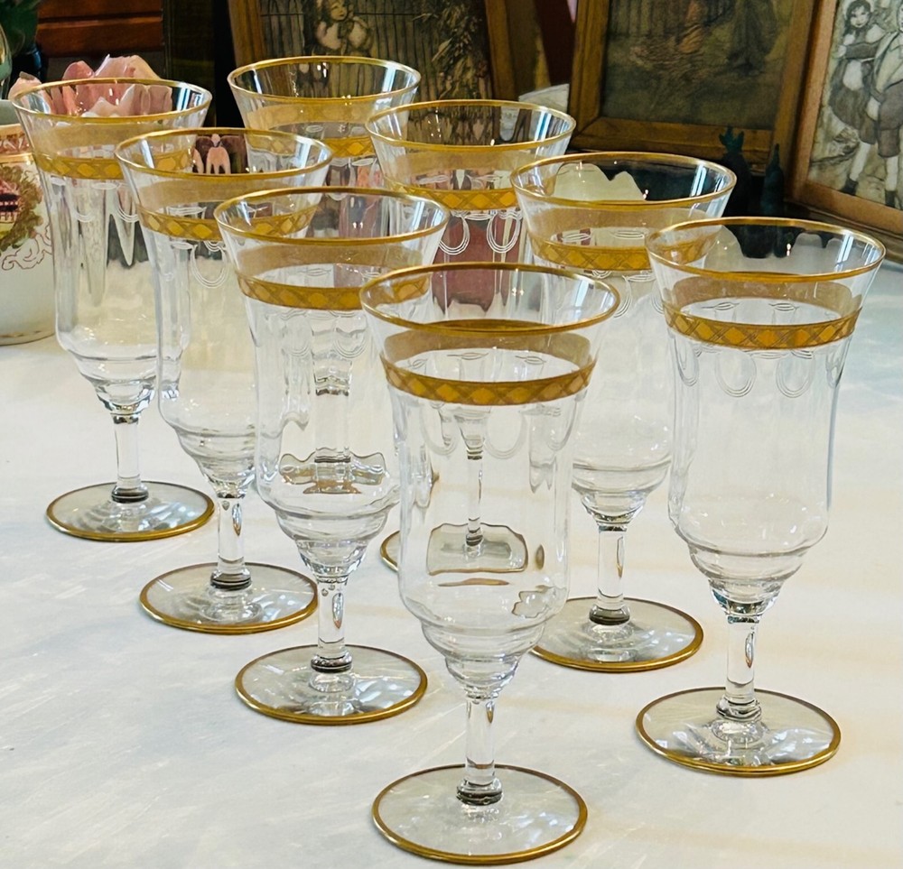 Vtg. Fostoria Monarch (Gold) Encrusted Band, Rim, Base, Etched Cordial Glasses