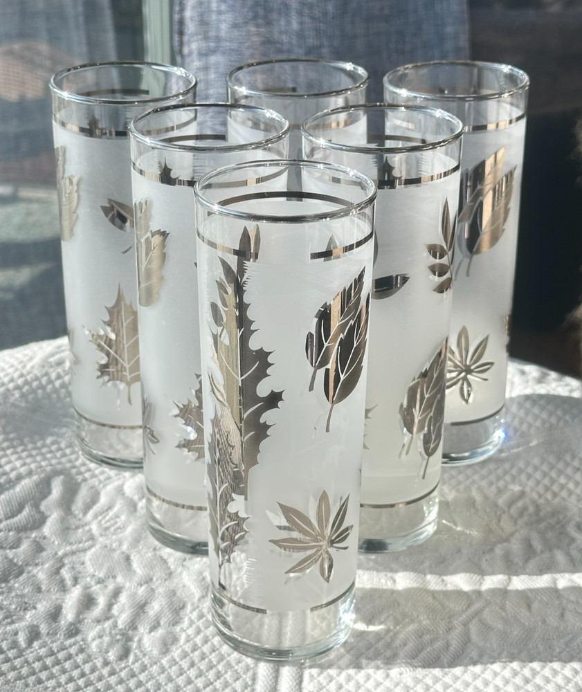 Classic Vintage Libbey Silver Foliage Frosted 13 oz Collins Glasses ~ Set of 6