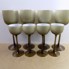12 Carlo Moretti Murano Glass Amber Taupe Cased White Goblets Water & Wine VGC