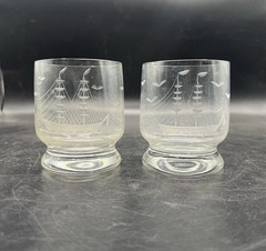 Etched Cocktail Glasses Clipper Ship Footed Set Of Two Vintage