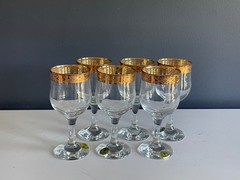Set of 6 Italian Gold Rim Wine Glasses Handmade Clear Stemware Goblets