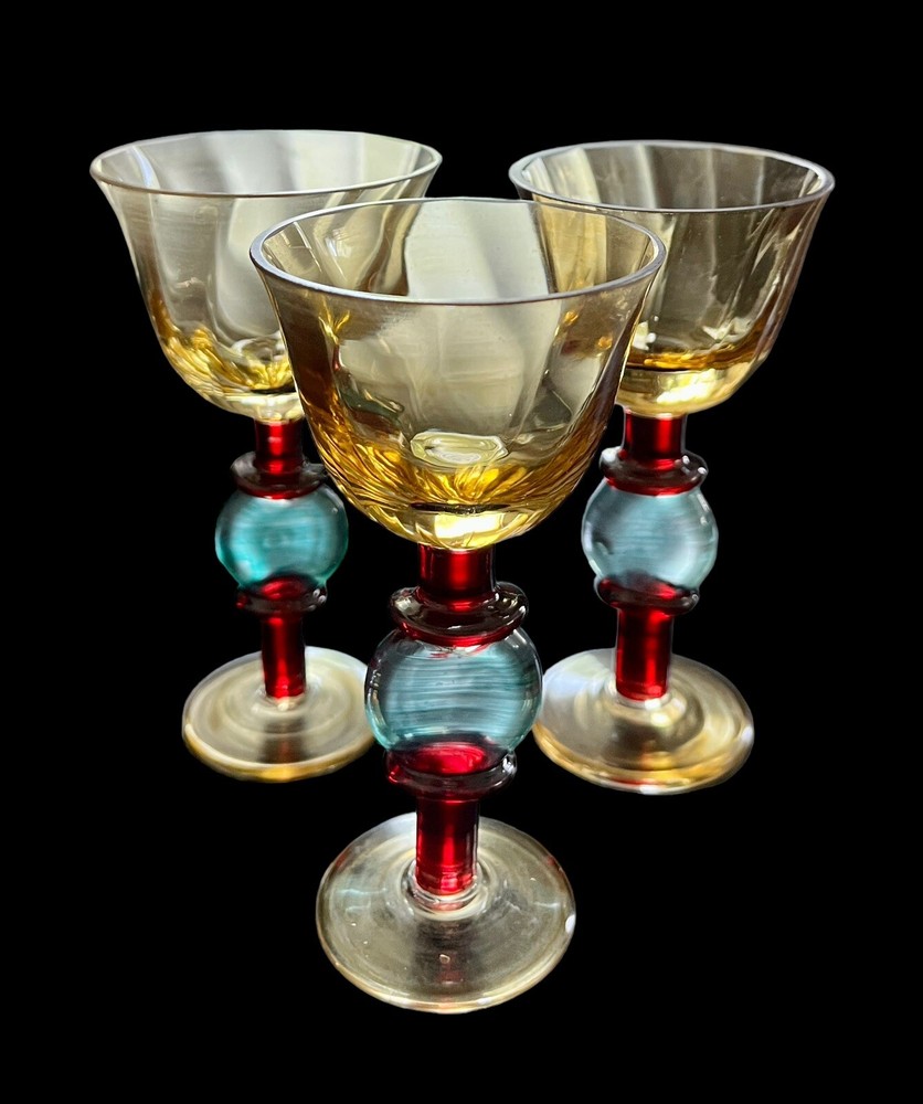 Set Of 3 Vintage Amber Crystal Cordial Hand Decorated Art Glasses 4-7/8” Tall
