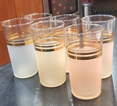 vintage frosted glasses pastel colors with gold trim set of 6
