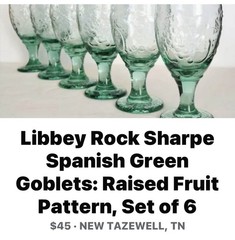 Vintage Libbey Orchard Fruit Green Glass 7” Goblets Set of 6 Water Tea Wine MCM