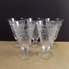 5 Fostoria Romance Etched Glass Iced Tea Glasses 6″ Tall VGC Ribbon Bow Flowers