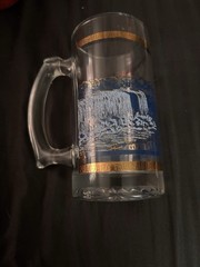 Unmarked Niagara Falls Clear Glass Beer Mug, Blue & Gold Decorated Souvenir