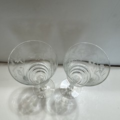 Clear Etched Floral Cut Glass Wine Glasses, Set of 2 Stemmed Goblets 8″