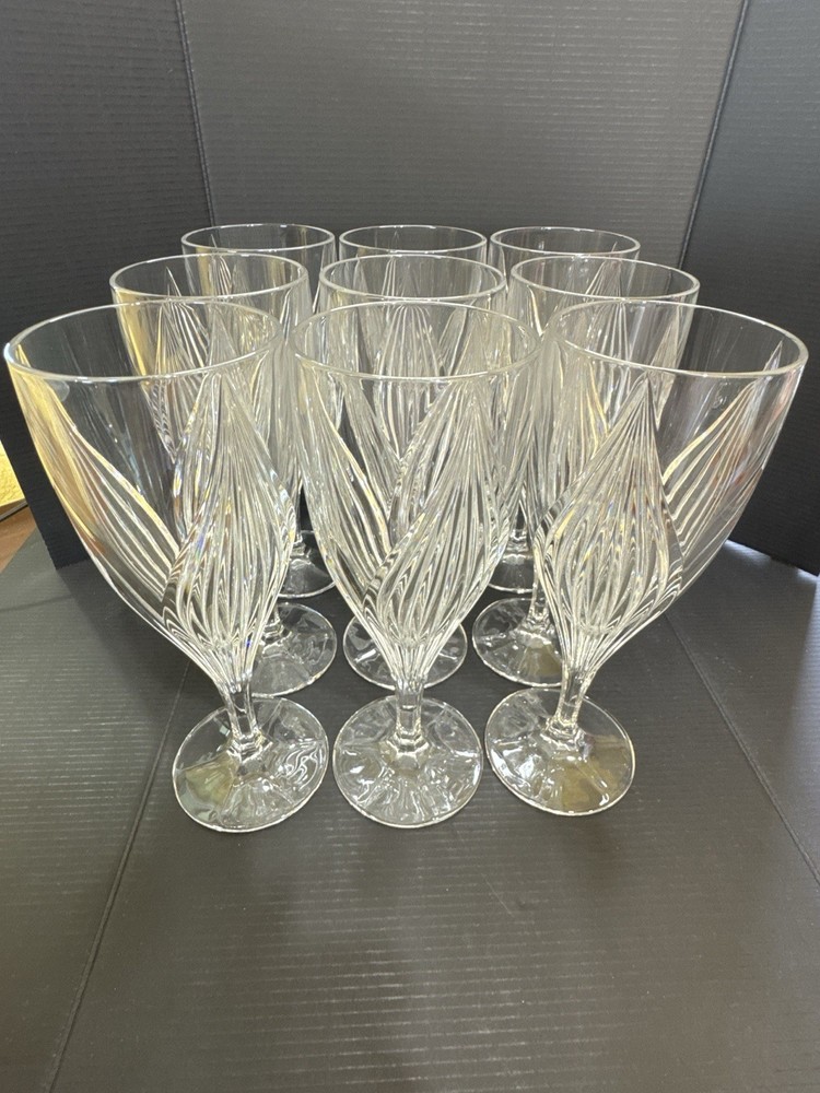 Set of 8 Vintage Swirl Cut Crystal Wine Goblets 9” Tall Spiral Optic Stemware