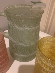 VTG MCM Glass Spaghetti String Bar Set Pitcher & 8 Tumblers Multicolor