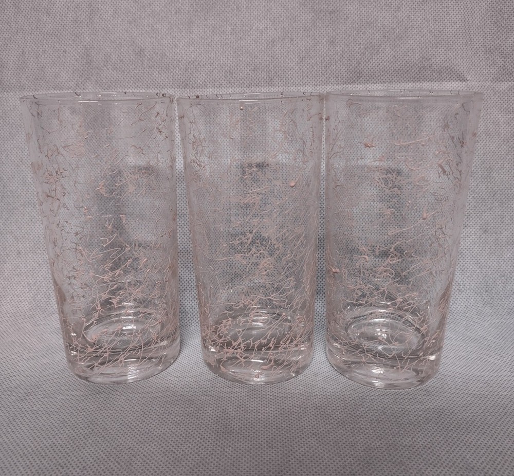 Hazel Atlas Pink Spaghetti Drizzle Highball Glasses 3 Tumblers MCM 5.5″ Tall