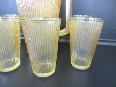Vintage Pitcher & Glasses Set Tree Bark Variant MCM 1960’s Jeannette Glass 7pc