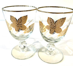 Set Of 2 Libbey Glass Co Water Goblets Gold Leaf Pattern Stem 22 kt Rim 5.5” T