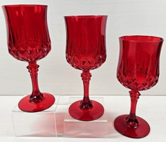 3 Cristal D’Arques Longchamp Ruby Water Goblet Set Crystal Red Etch Stemware Lot