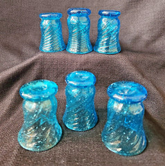 Vintage Mid Century Hand-Blown Spiral Swirl Blue Glasses 6 Mini Small 3″ Footed
