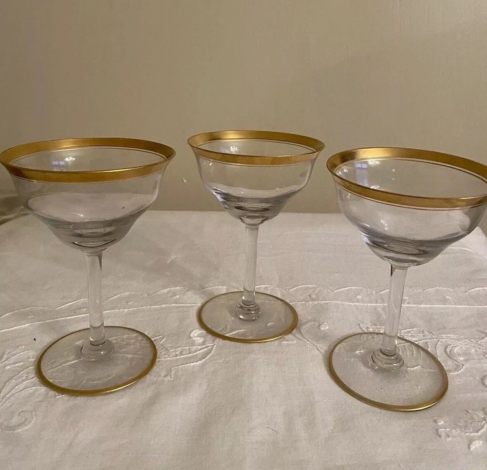 Vtg 3 Glastonbury Lotus Gold Rimmed Sherbert Champagne Coupes Glasses 5.25” T