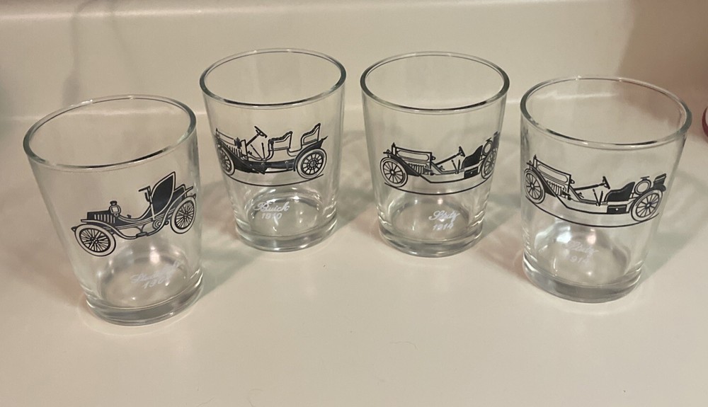 Classic Antique Car Set of 4 Glass Tumblers 1904-14 Buick, Studebaker, Ltutz(2)