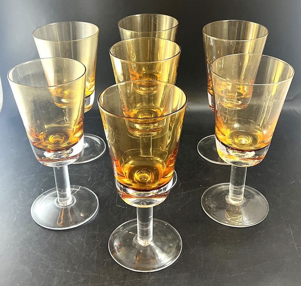 Winterthur Jewel Tone Goblets Amber Glass Hand Blown 16 oz 8 1/4″ Set of 7