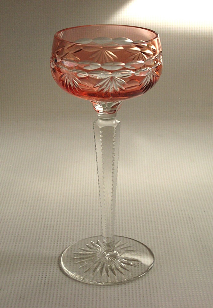 Vintage Peach Color Cased Cut to Clear Crystal Wine Stem