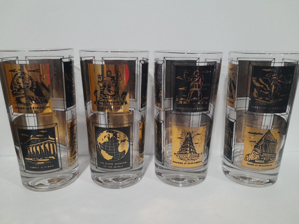 4 Frank Maietta 7 Wonders Of The World High Ball Glasses Mid-Century Barware