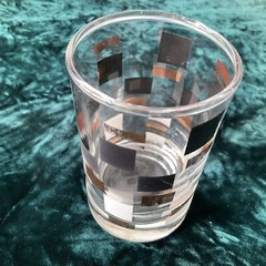 Juice Glass Clear with Gold Black White Squares 3-1/2″ tall 2-1/8″ Across Used
