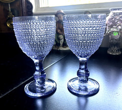 Glowing Hobnail Glass Goblets Purple UV Reactive Blue Glow 6.75″ Set of 2
