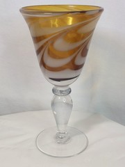 Vintage Amber White Swirl Art Glass Goblet Hand Blown Murano Style Wine Water