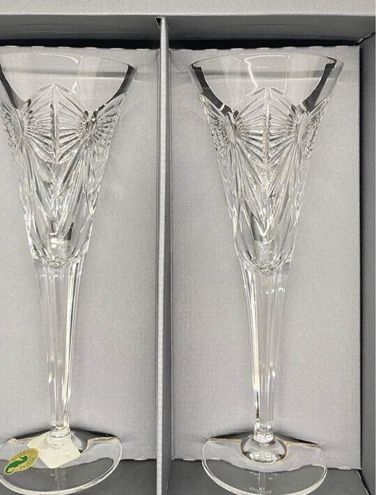 WATERFORD Crystal Champagne Flutes Millennium Collection HAPPINESS NIB Set of 2