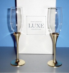 Reed & Barton Luxe Facets Champagne Flute Pair Jeweled Gold Plated Stem 10″H New
