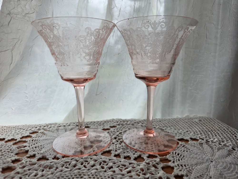 Cambridge Cleo Pink Depression Glass Etched Wine Glasses Set Of 2 Vintage