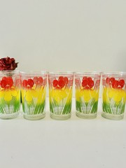 Mid Century Modern Swanky Swig Juice Glasses, 1950s Floral Glass Drinkware