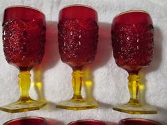 Smith Amberina Glass Water Goblet Daisy & Button Hexed Foot Circa 1940 – 1960