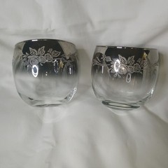 Vtg MCM Queens Luster wear Silver Fade Roly Poly Glasses Floral Rose Set Of 4