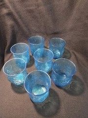 Vintage Anchor Hocking Spring Song Daisy Blue Juice Glass Set/2 Mid Century USA