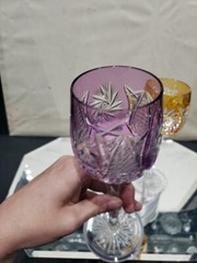 3 Wine Glasses Hocks Goblets Amber, Purple. & Red Cut to clear Crystal Buzzstars