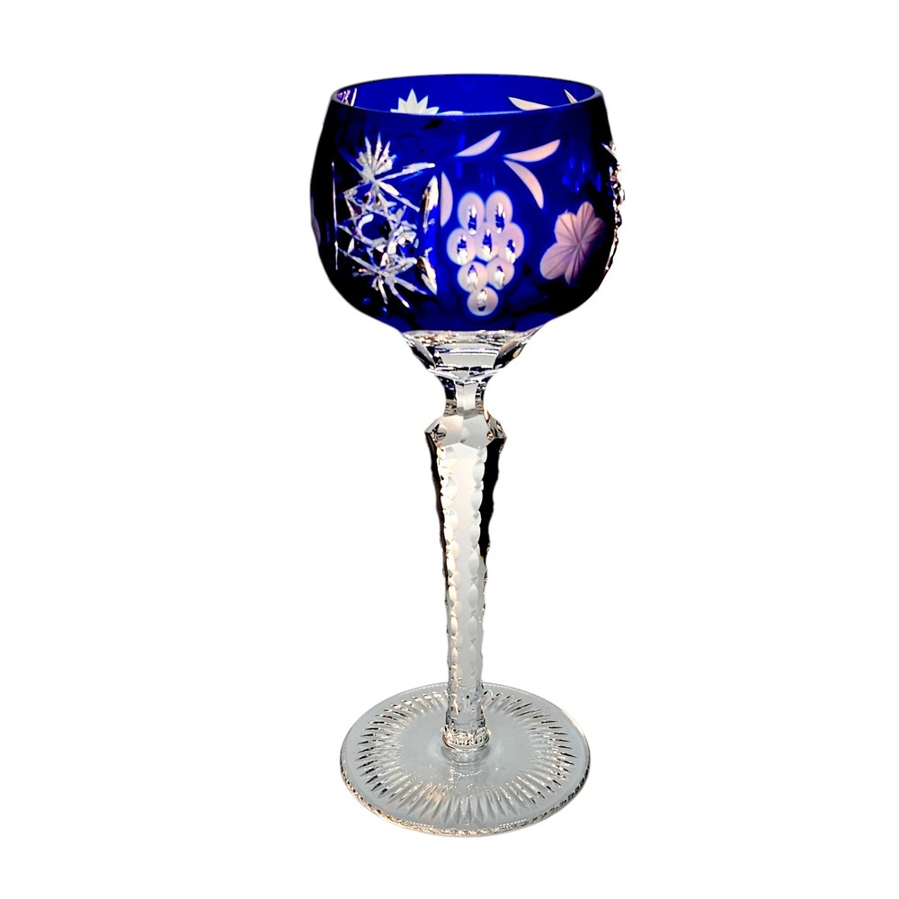 Nachtmann Bleikristall Saphire Blue Grapes Floral Cut to Clear Wine Glass 8.5”