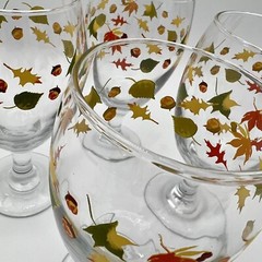 Water Goblet Glasses Autumn Leaves Acorns Fall 7” Set Of 4