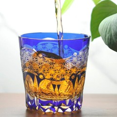 Japanese Edo Kiriko Hand Cut To Clear Crystal Whiskey Glass Glassware 11oz Blue