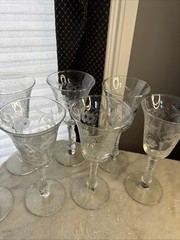 7- Vintage Wisteria Floral Vine Motif 8″ Tall Wine Glasses- Eleg. Twist Cut Stem
