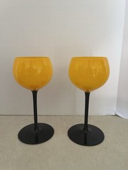 Hand Blown Glass Stemmed Wine Goblets Yellow And Black Modern 6.25”x3” Set Of 2