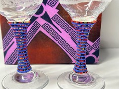 Pair Handmade Etched African Wildlife Wine Glasses Beaded Stems Decorative Box