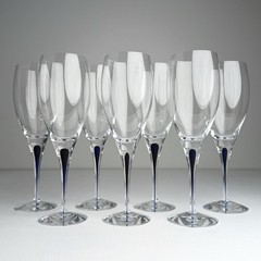 Set Of 7 Orrefors Claret Wine 9″ Intermezzo Blue Blown Glasses Sweden