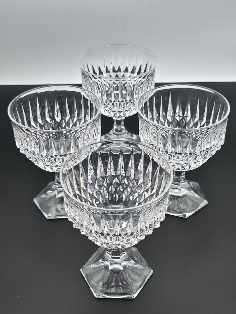 4 Fostoria Tall Crystal Sherbet Dessert Dish Cups Stratton Pattern 5 3/8″ MINT